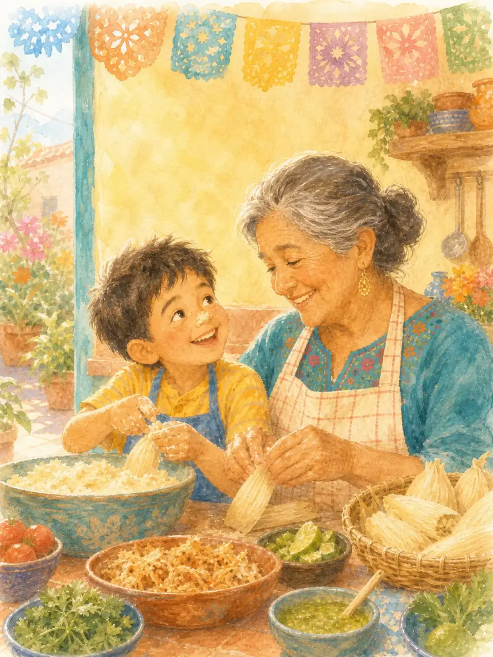 A child cooking with his abuela in a Soft Watercolor style