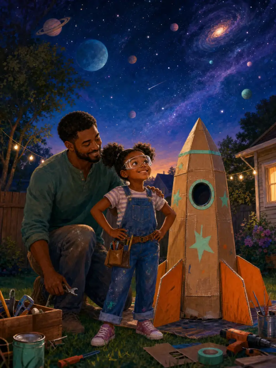 A child and her father with a backyard rocket