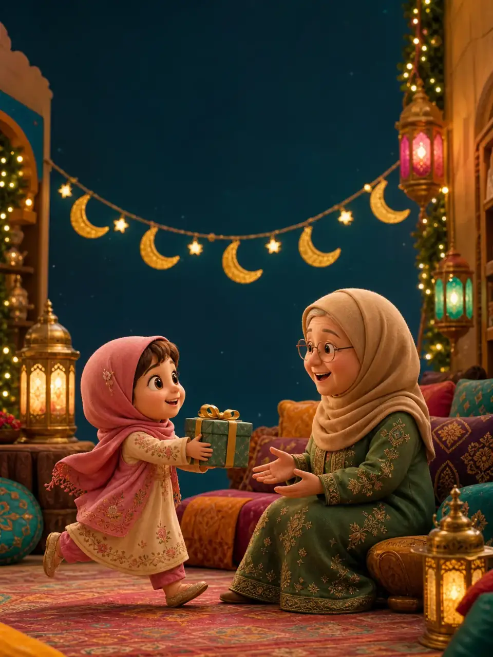 Illustrated cover for Eid Gift for Teta, featuring a Muslim family celebration
