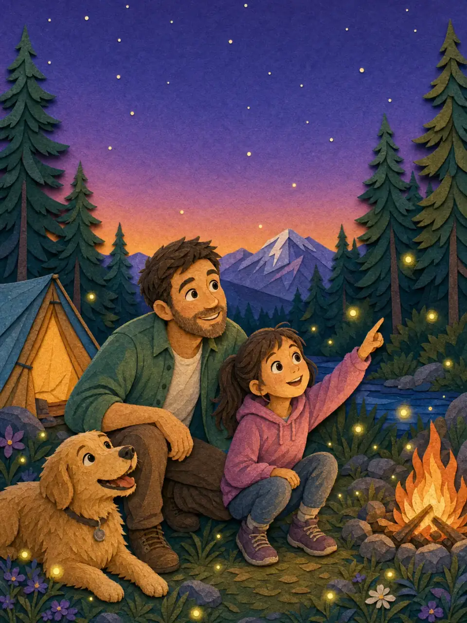 Illustrated cover for Mila's Firefly Campout, featuring a A gift for adventurous kids