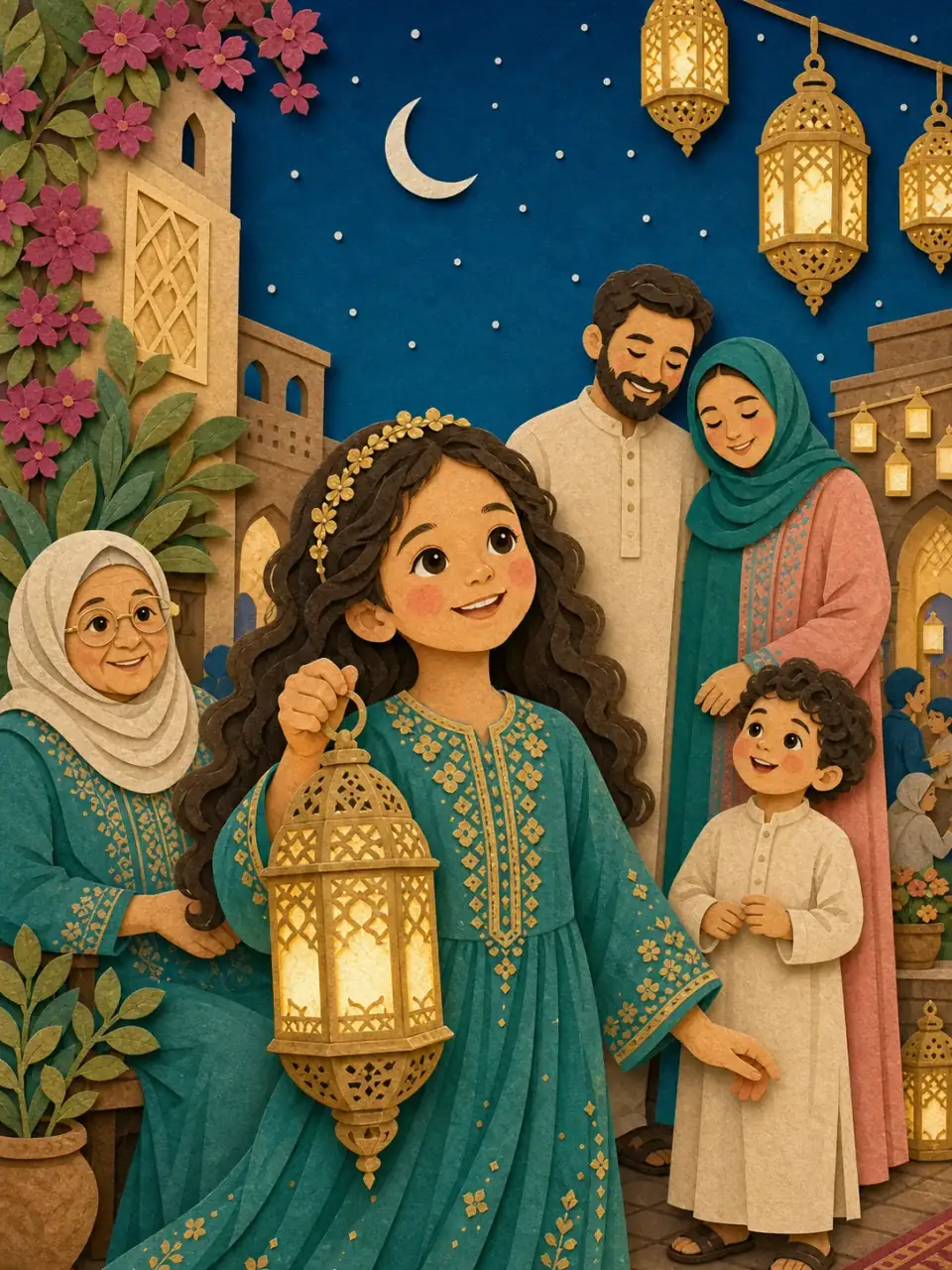 Layla and her family celebrating beneath lanterns in a Paper Cutout style
