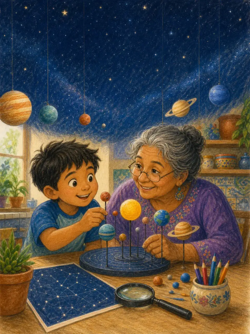 Illustrated cover for Mateo Builds a Solar System, featuring a Learning with Grandma