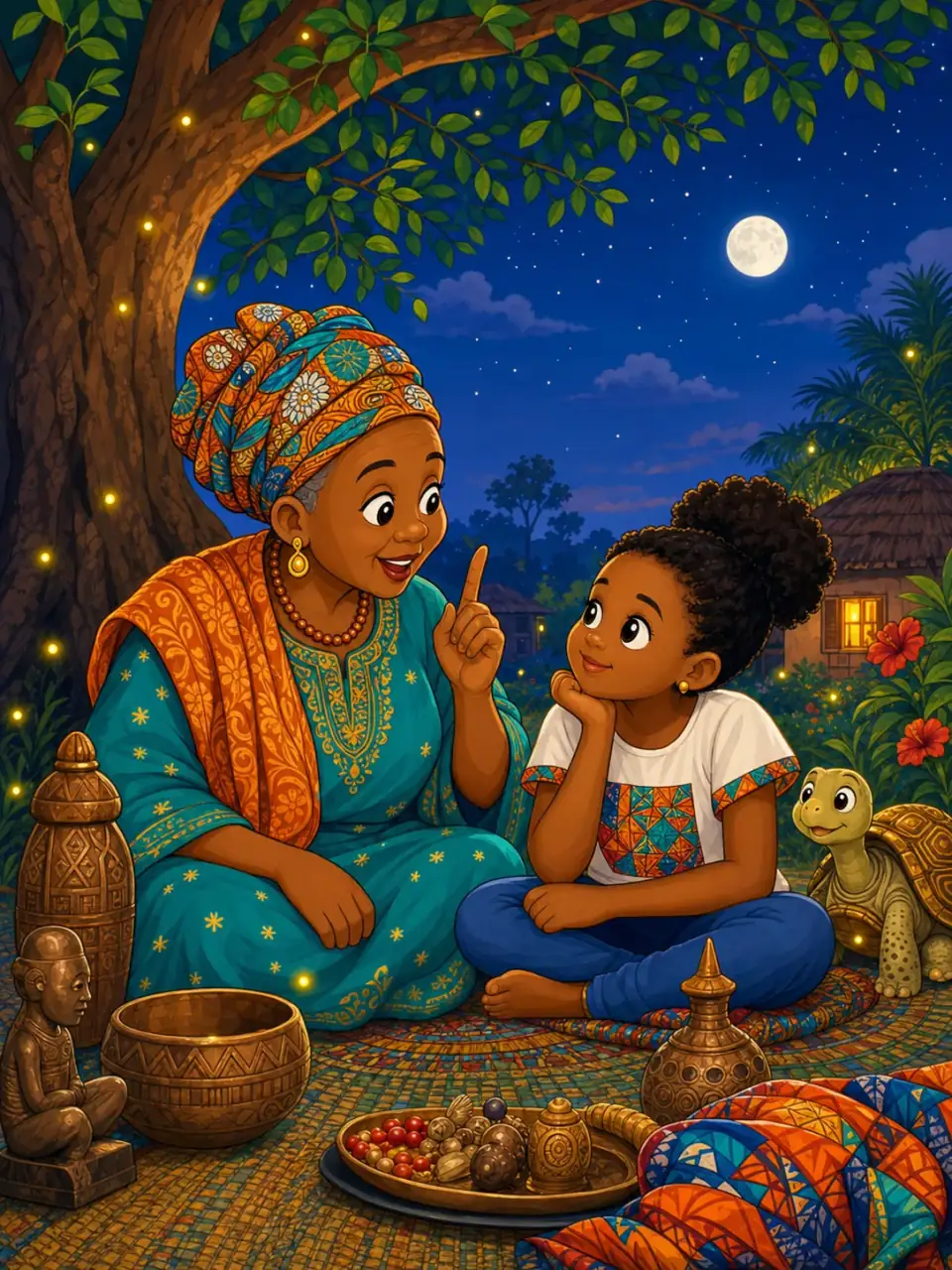 A grandmother sharing a folktale in a Bright Cartoon style