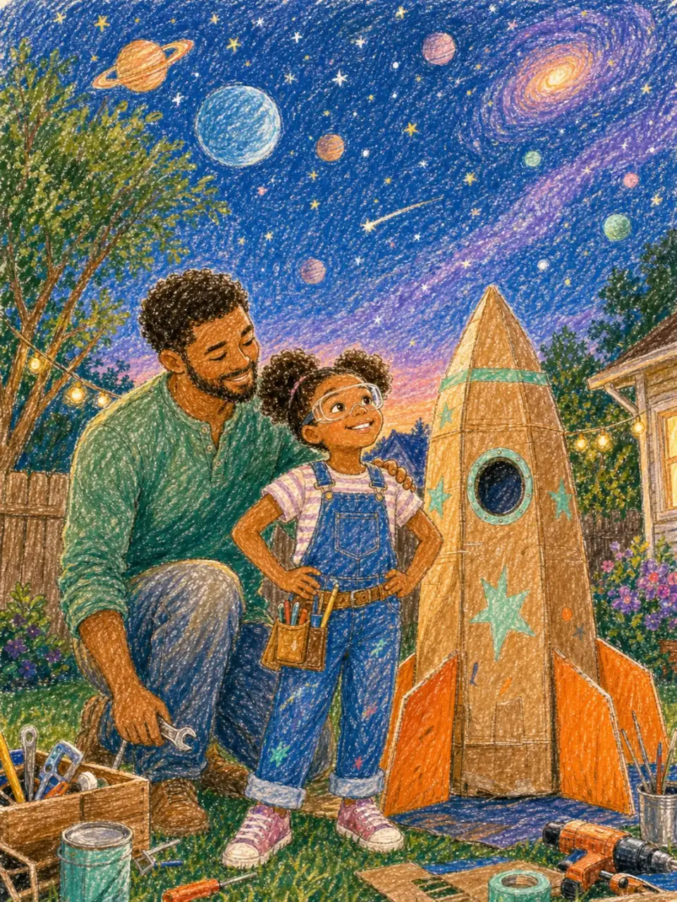 A child building a rocket with her father in a Crayon and Doodle style